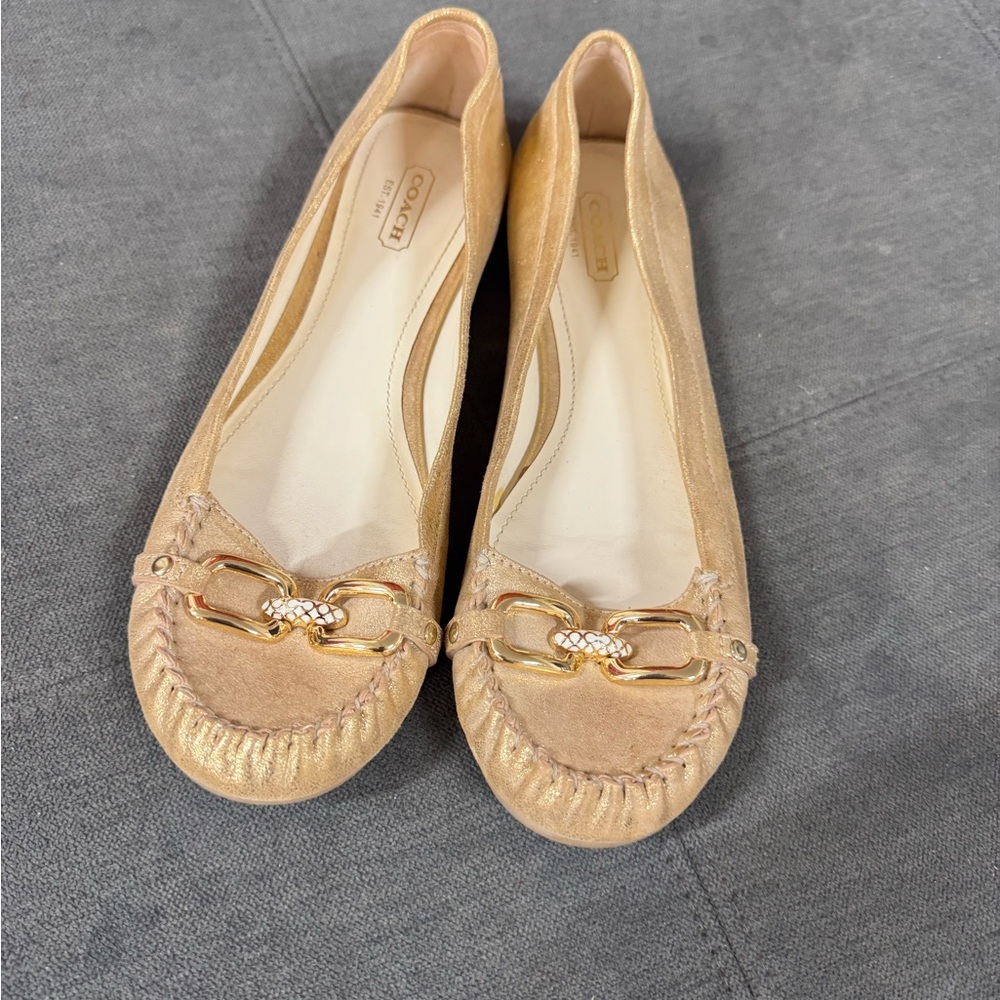 Coach Metallic Gold Leather Moccasin Flats with Chain Accent